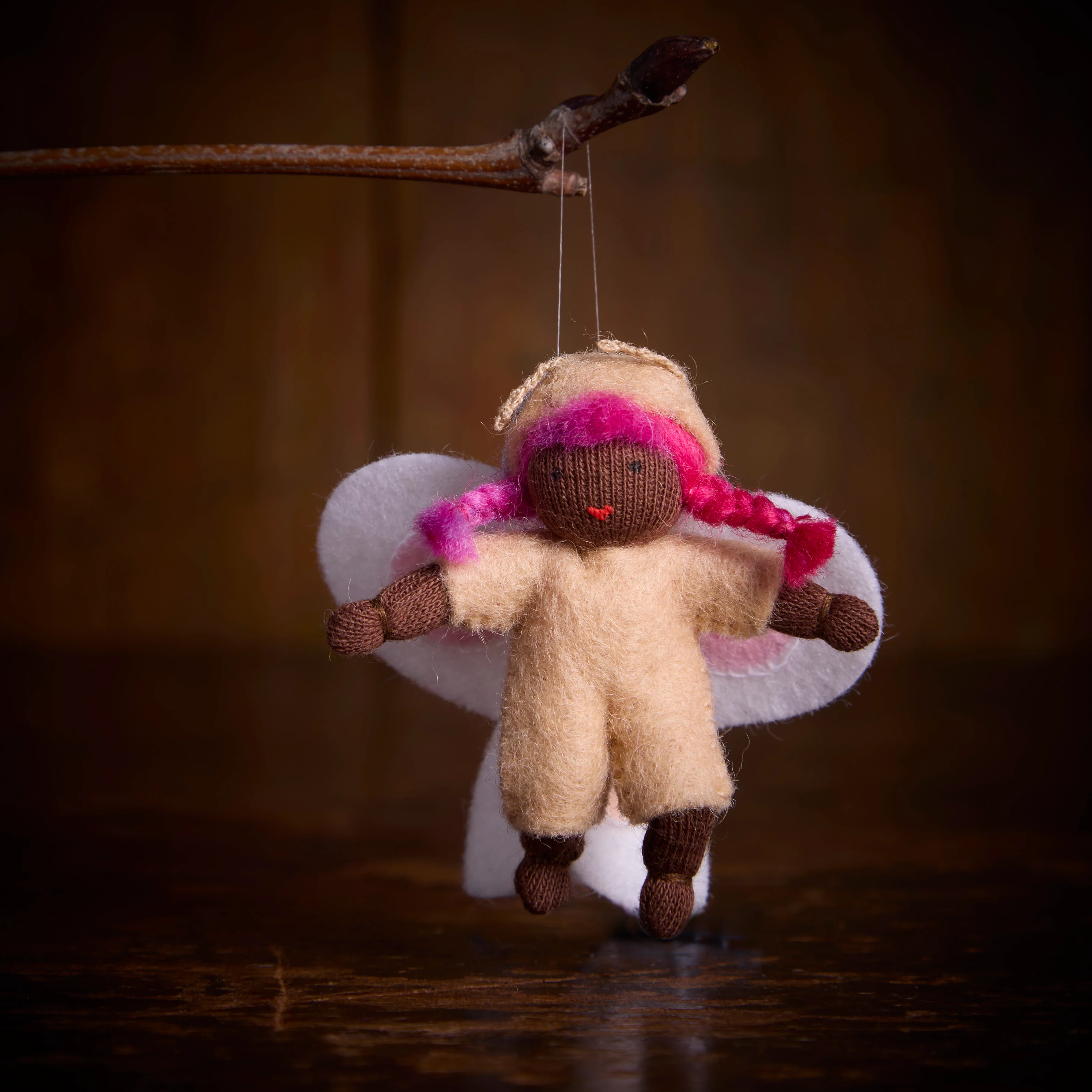 Handmade Small Wool Hanging Fairy - White Butterfly - Black