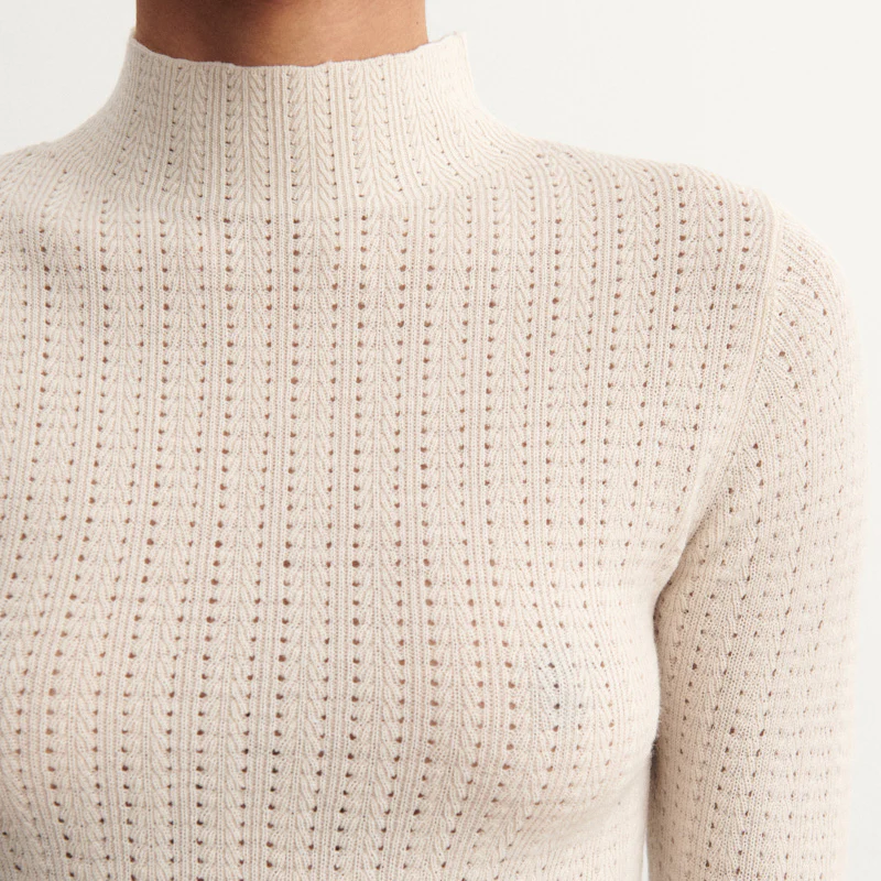 Women's Merino Wool High Neck Pointelle Top - Ecru - Image 3