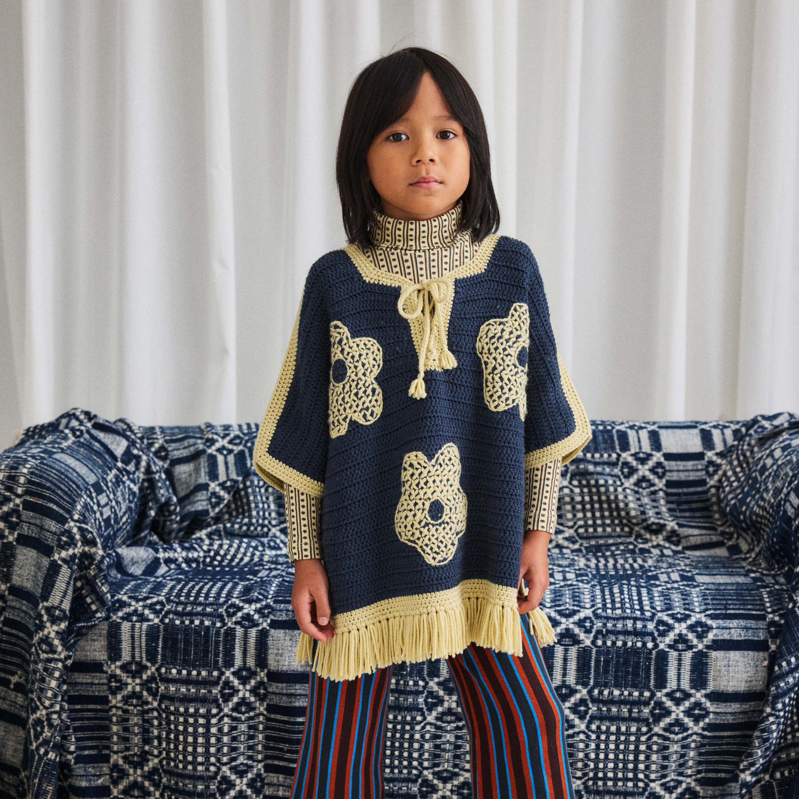 Merino Wool Crochet Blomma Fringe Poncho - Galaxy